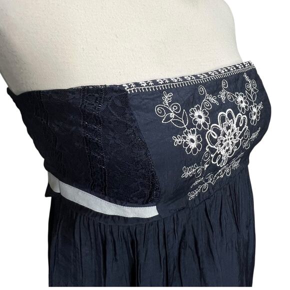 Agaci Mini Dress L Blue Strapless Lace Mesh Embroidered Smocked Y2K Boho Chic - Picture 5 of 14